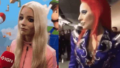 a woman with blonde hair is talking into a microphone next to another woman with red hair