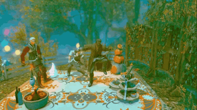 a group of people are standing on a rug in a video game