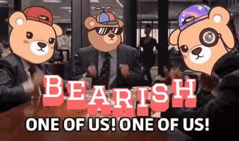 a group of teddy bears sitting around a table with the words bearish one of us one of us