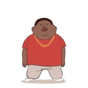 a cartoon of a fat man wearing a red shirt and a gold chain is dancing .