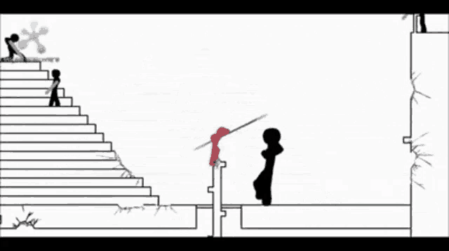 a group of stick figures are standing on top of a set of stairs ..