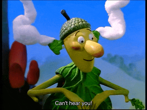 a cartoon character says " can 't hear you " at the bottom of the screen