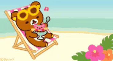 a teddy bear wearing sunglasses is sitting on a beach chair eating ice cream