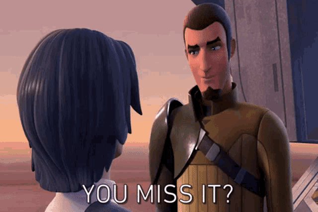 two cartoon characters are standing next to each other and one of them is asking the other if he misses it