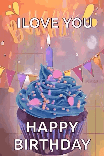 a cupcake with blue frosting and a candle on it says happy birthday .