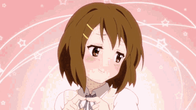 a girl with brown hair and a white shirt is making a funny face