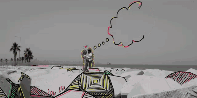 a drawing of a couple standing on a beach with a thought bubble that says ' oooo '