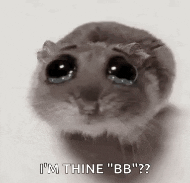 a close up of a hamster with tears in its eyes and the words `` i 'm thine bb '' .