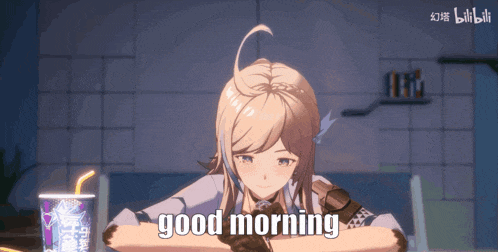 a girl is sitting at a table with a cup of drink and the words good morning on the bottom