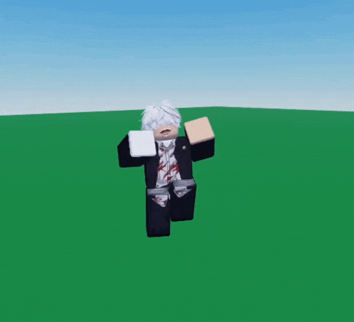 a roblox character in a suit and tie stands in a field