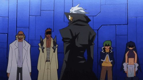 a group of cartoon characters standing next to each other