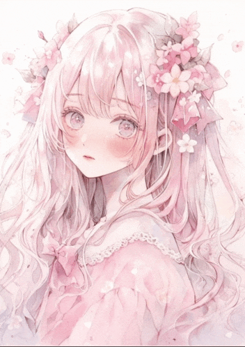 a girl with pink hair and flowers on her head