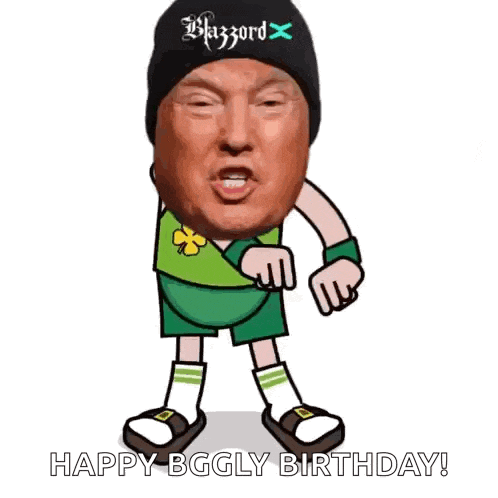 a cartoon of donald trump wearing a black hat and green shorts .