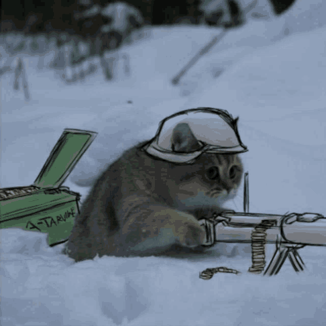 a drawing of a cat wearing a helmet and holding a gun with the word atari written on the box