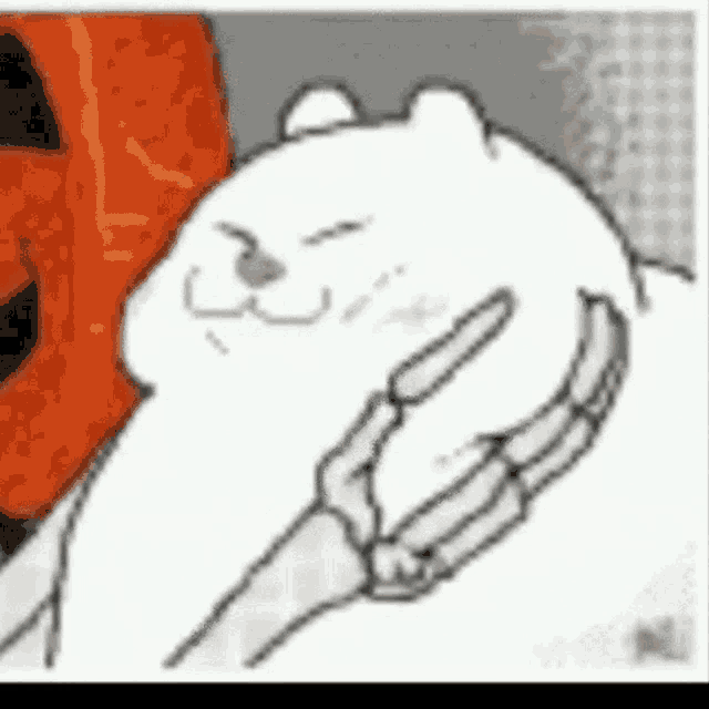 a drawing of a white bear with a skeleton hand holding it 's head .