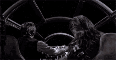 han solo and chewbacca are flying through the air in a star wars space ship .