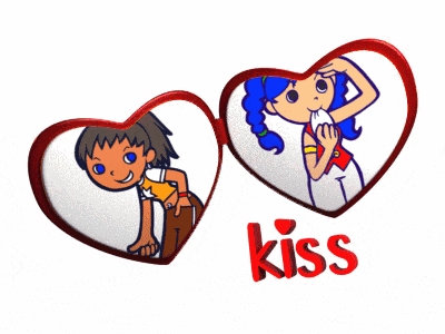 a boy and a girl are in a heart with the word kiss below them