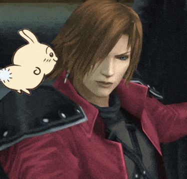 a man in a red jacket has a bunny on his back