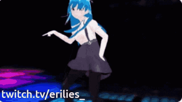 a girl with blue hair is dancing on a dance floor with the words twitch.tv/erilies at the bottom