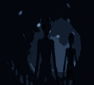 a group of aliens are standing next to each other in a dark room .