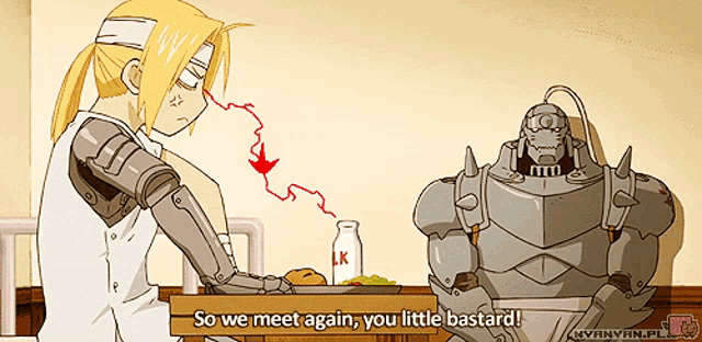 a cartoon of a man and a robot sitting at a table with a sign saying so we meet again you little bastard