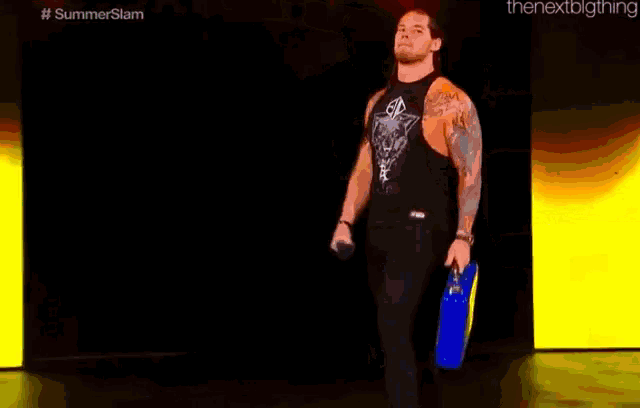a man is holding a briefcase that says money bank on it .