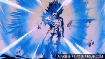 a cartoon character is standing in front of a blue background with a few rays of light coming out of it .