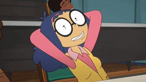 a cartoon character with glasses and blue hair is sitting at a table