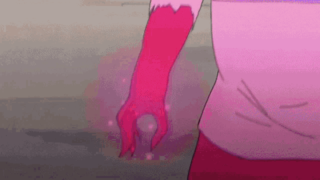 a cartoon character with a pink glove is holding a pink object .