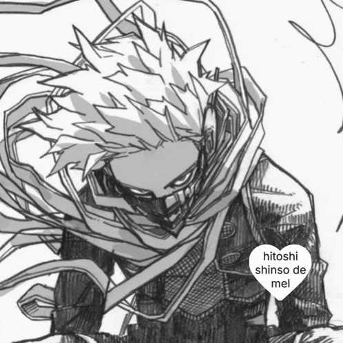 a black and white drawing of a man with a heart that says hitoshi shinso de mei