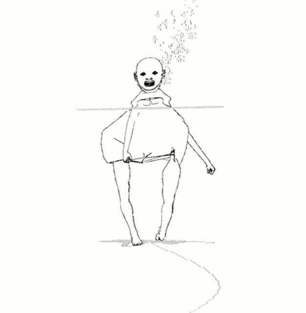 a black and white drawing of a baby with a yellow line