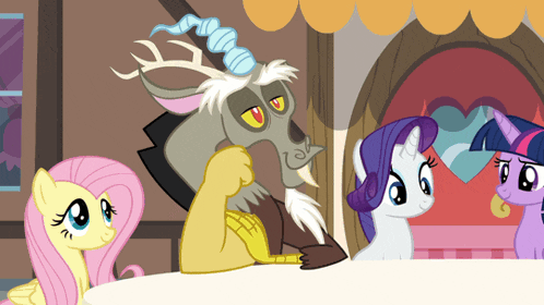 a group of ponies are gathered around a table with discord in the center