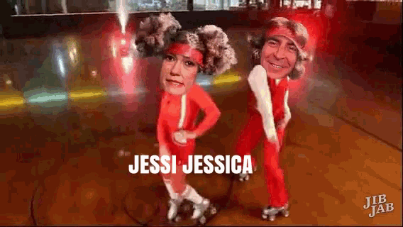 a man and a woman are rollerblading with their faces on their rollerskates .