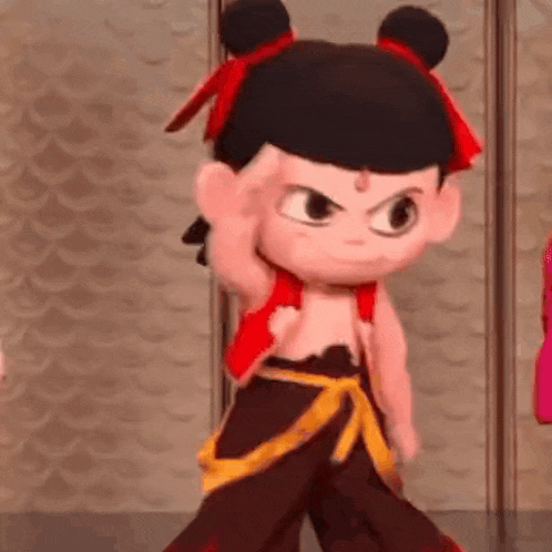 a cartoon character is standing in front of a wall and giving a fist bump .