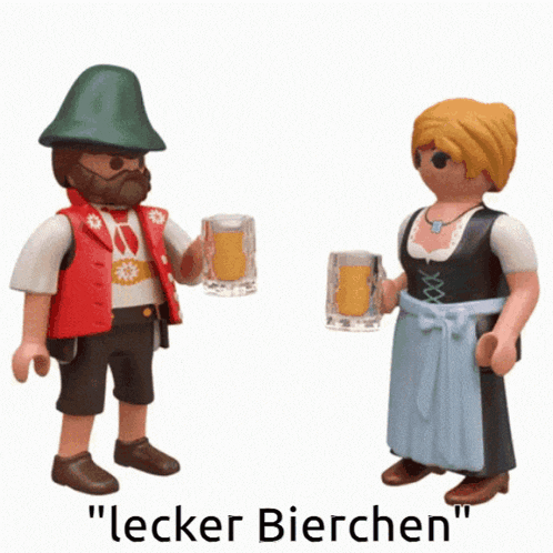 a man and a woman are toasting with beer mugs and the words " lecker bierchen " are below them