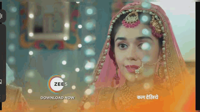 an advertisement for zee 5 shows a bride in a pink and gold dress