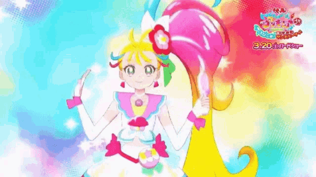 a cartoon girl with a rainbow hairdo and a flower in her hair is dancing .