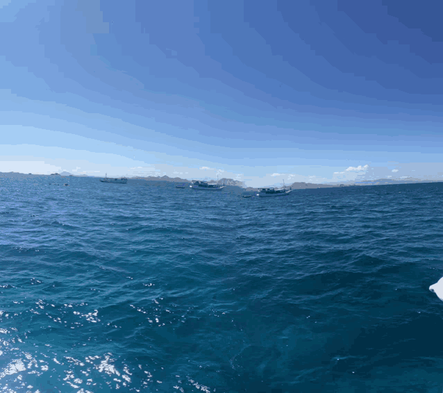 a few boats are floating on a large body of water