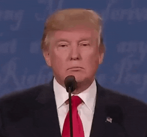 donald trump is giving a speech in front of a microphone and making a funny face .