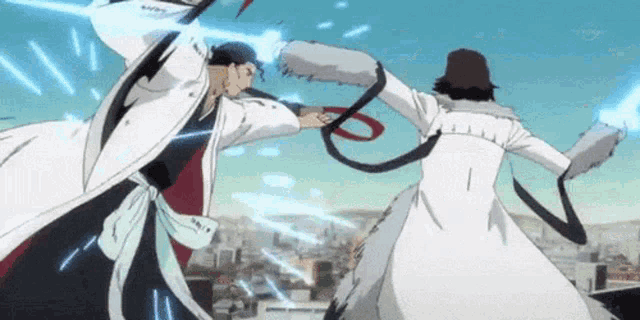 two anime characters are fighting each other and one of them has the number 1 on their back