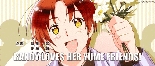 a picture of a girl holding flowers with the words randy loves her yume friends at the bottom