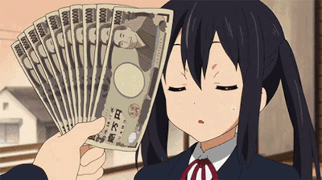 a girl is holding a fan of money with 10000 on it