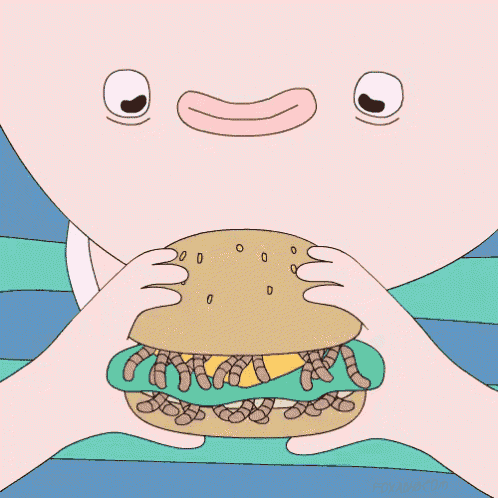 a cartoon drawing of a person eating a hamburger