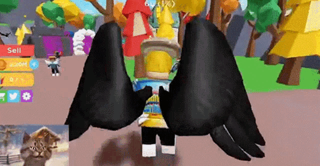 a cat is looking at a person in a video game wearing black wings .