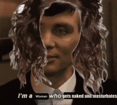 a picture of a man with the words i 'm a woman who gets naked and masturbates above him