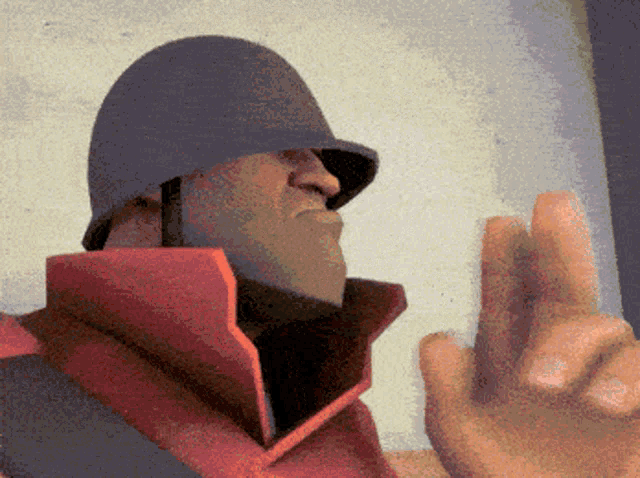 a soldier with a beard wearing a helmet and red jacket