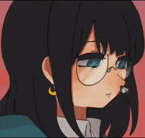 a girl with glasses is smoking a cigarette and making a face .