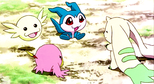a group of cartoon characters including a pink bird and a white cat