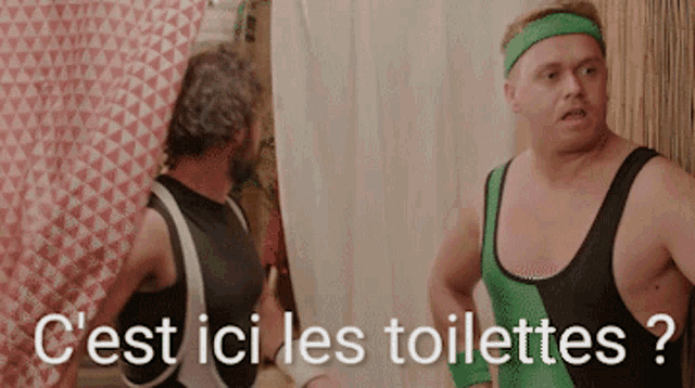 two men standing next to each other with the words c'est ici les toilettes written on the bottom