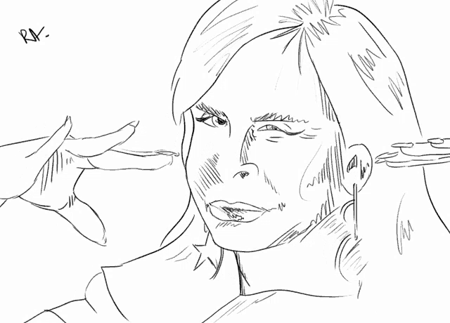 a black and white drawing of a woman 's face with the letters rx on the bottom left